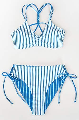 CUPSHE Women's Back Braided Straps Reversible Bottom Strappy Lace Up Bikini Sets, M Blue Stripe - Image 4