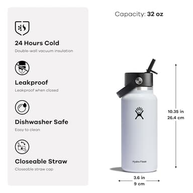 Hydro Flask Water Bottle - Insulated Stainless Steel - Wide Mouth Flex Straw Lid, Non Spill, Leakproof and Refillable in 32 Oz Sunglow - Image 3