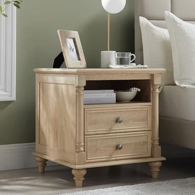 T4TREAM 24'' Farmhouse End Table w/4 Solid Wood Feet, Large 2 Drawers Wide Sofa Side Table with Charging Station, Tall Modern Wood Square Nightstand for Living Room, Bedroom, Office, Natural Oak - Image 1