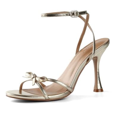iiimmu Women's Bow Heels 4 IN Stilettos Open Toe Heeled Sandals Elegant Sandals PU Leather Gold Strappy Heels, Size 6 - Image 1