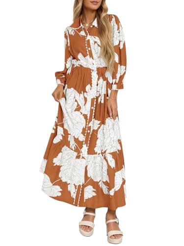 Wenrine Womens Maxi Shirt Dress Casual Floral Collared 3/4 Long Sleeve Drawstring Waist Fall Button Down Dresses Brown - Image 1