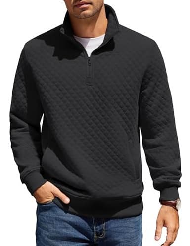 COOFANDY Mens Quarter Zip Pullover Quilted Sweatshirt Knit Long Sleeve Mock Neck Sweater Polo with Pocket A-black - Image 1