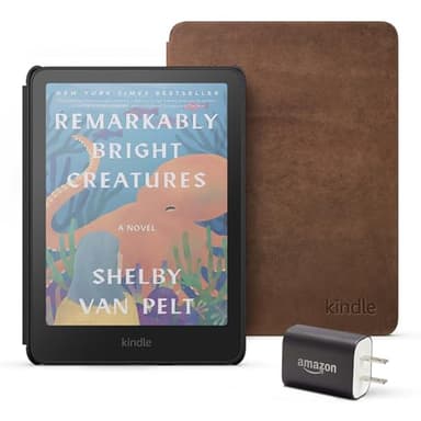 Introducing Amazon Kindle Colorsoft Essentials Bundle including Kindle Colorsoft (16 GB) – With color display - Black, Premium Leather Cover-Walnut and Power Adapter