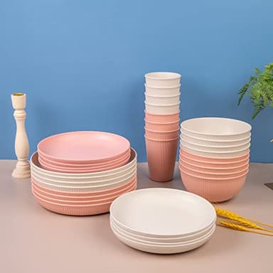 LIYH 32pcs Wheat Straw Dinnerware Sets for 8 Pink Plastic Plates and Bowls Sets,Plastic Plates Reusable,Dishwasher Freezer Safe (Pink Beige) - Image 8