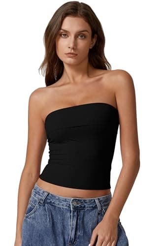 QINSEN Tube Tops for Women Off Shoulder Strapless Crop Tops Foldover Going Out Bustier Tops Black M - Image 4
