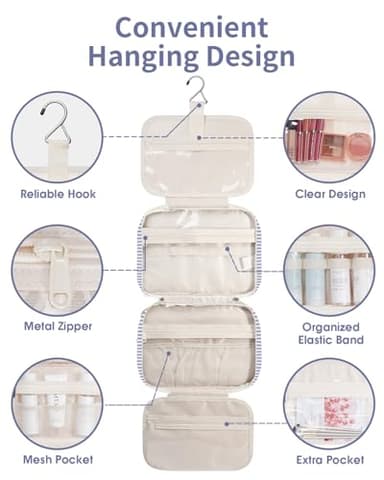 Narwey Striped Hanging Toiletry Bag for Women Travel Makeup Bag Organizer Toiletries Bag for Travel Size Essentials Accessories Cosmetics (Greyish Blue Stripe (Medium)) - Image 3