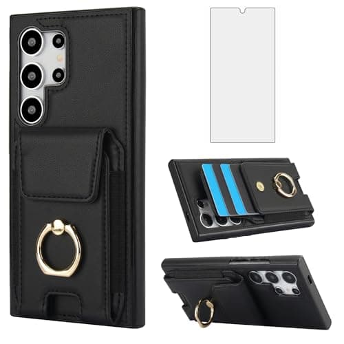 Asuwish Phone Case for Samsung Galaxy S24 Ultra 5G with Tempered Glass Screen Protector Wallet Cover and Slim Ring Stand Card Holder Leather Cell Accessories S24Ultra 24S S 24 24Ultra Women Men Black