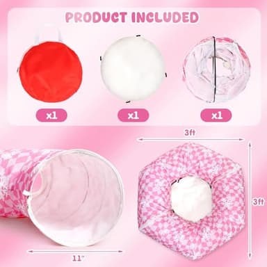 Pink Cat Tunnel Bed Peekaboo Cat Cave Donut Under Christmas Tree Pink Checker with Snowflakes Festive Decor Perfect for Small Medium Large Cats, Kittens, Rabbit, Ferret - Image 3