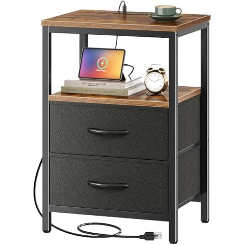 Huuger Nightstand with Charging Station, Side Table with Fabric Drawers, End Table with Open Shelf, Bedside Table with USB Ports and Outlets, Night Stand for Bedroom, Rustic Brown and Black - Image 1