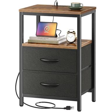Huuger Nightstand with Charging Station, Side Table with Fabric Drawers, End Table with Open Shelf, Bedside Table with USB Ports and Outlets, Night Stand for Bedroom, Rustic Brown and Black - Image 1