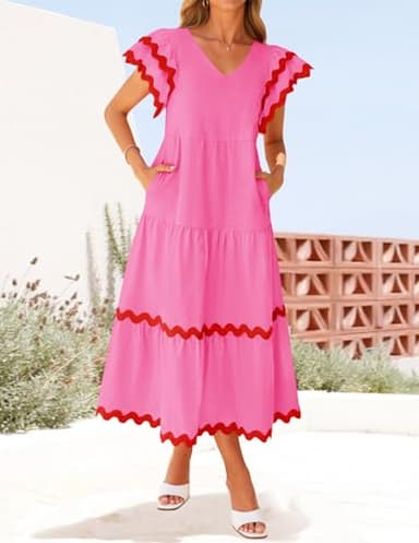 ZESICA Womens 2025 Summer Casual Midi Dresses V Neck Flutter Short Sleeve Ruffle Tiered A Line Flowy Beach Long Dress,Rose,X-Large - Image 3