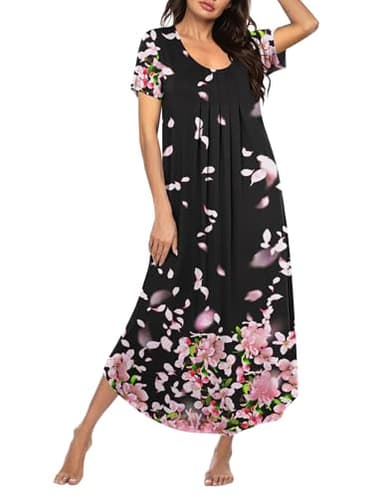 Ekouaer Long Nightgowns for Women Soft House Dress Pleated Front Nightshirt Full Length Loungwear Pink Petals XXXL - Image 1