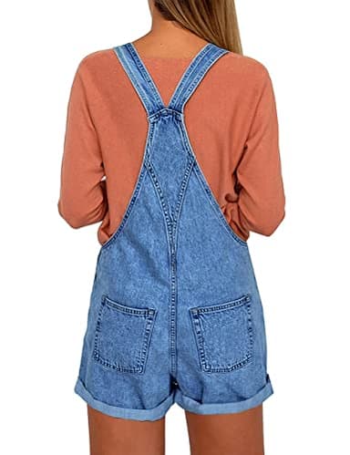 Vetinee Women's Medium Denim Blue Classic Adjustable Straps Cuffed Hem Denim Bib Overall Shorts X-Large - Image 2