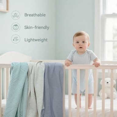 Muslin Swaddle Blankets for Newbron, Receivig Blankets for Boys, Large 47x47 Inch Soft Brethable Lightweight Cotton Blankets, 3 Pack, (Green, Cream White, Blue) - Image 6