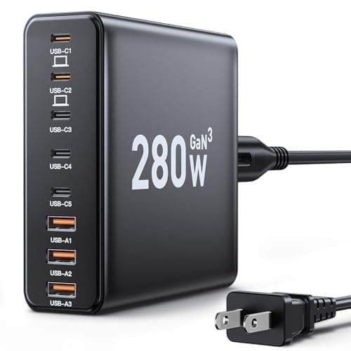 280W USB C Charger Block, 8-Port USB C Charging Station GaN III PD 65W Laptop Charger Adapter Compatible with MacBookPro/Air,DELL,iPad,Portable Charging Station for iPhone,Samsung Galaxy (Black) - Image 1