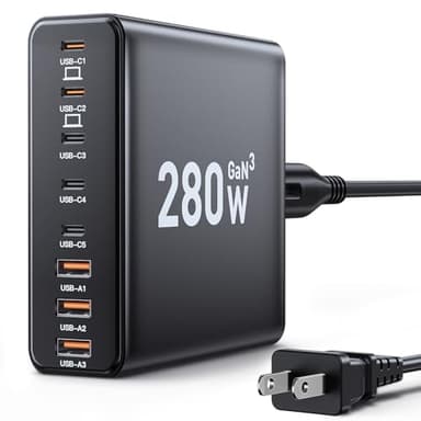 280W USB C Charger Block, 8-Port USB C Charging Station GaN III PD 65W Laptop Charger Adapter Compatible with MacBookPro/Air,DELL,iPad,Portable Charging Station for iPhone,Samsung Galaxy (Black) - Image 1