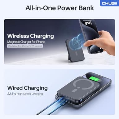 for Magsafe Portable Charger, 12000mAh Wireless Magnetic Power Bank with Stand and USB C in/Out Fast Charging, for Magsafe Battery Pack Compatible with iPhone 15/14/13/12 Pro/Pro Max Series-Black - Image 3