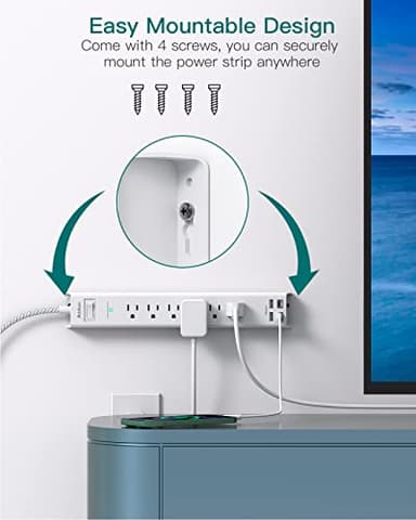 Extension Cord 10 ft - Long Power Strip Surge Protector, 6 AC Outlet 4 USB (2 USB C), Flat Plug, Wall Mount, Multi Plug Outlet Extender Desk Charging Station for Home Office Dorm Room Essentials - Image 7