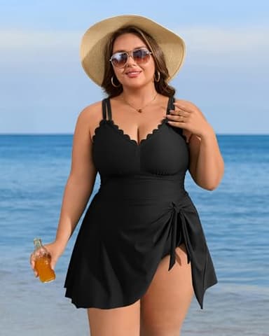 Charmo Plus Size Bathing Suit for Women One Piece Swimdress Tummy Control Ruched Swimsuits Scalloped V Neck Swimwear Black 3X - Image 7