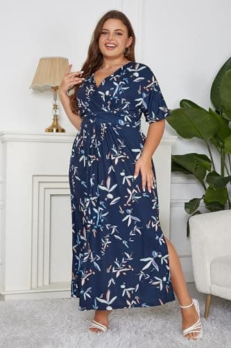 Keluummi Plus Size Wedding Guest Maxi Dresses for Curvy Women, Summer Formal Floral V Neck 3/4 Sleeve A Line Long Party Dress(22 Plus, 02 - Navy Blue Floral) - Image 6