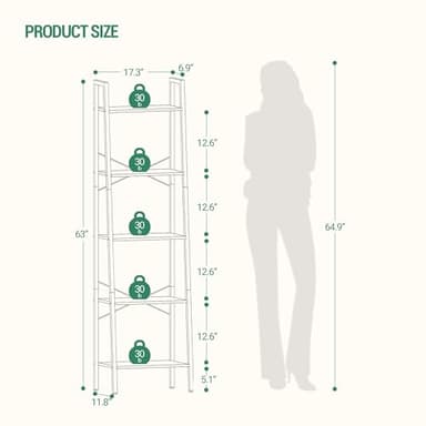 Hzuaneri Ladder Shelf, Bookshelf Bookcase, Freestanding Corner Storage Shelve with 2 Hooks for Home Office, Living Room, Kitchen, Bedroom, Industrial, 5-Tier Black BC19204B - Image 2