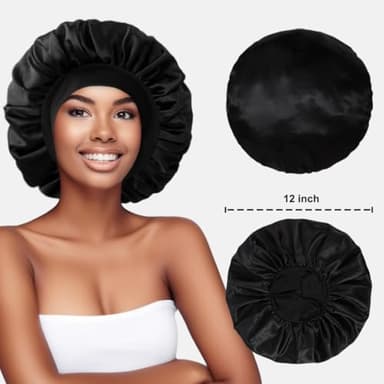 KEPUWAY Satin Silk Bonnet for Sleeping, Silk Hair Bonnets for Sleeping Women, Black Widesoft Band Satin Sleep Cap Hair Wrap for Curly Hair showercap - Image 4