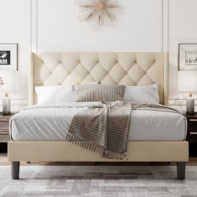 Feonase Queen Size Bed Frame with Diamond Tufted Wingback Headboard, Morden Upholstered Platform Bed, Sturdy Wooden Slats Support, Noise-Free, No Box Spring Needed, Easy Assembly, Beige - Image 7