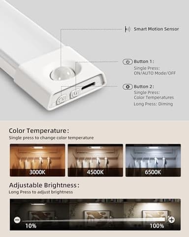 EZVALO 6-Pack Under Cabinet Lighting, 7.8" Wireless Closet Lights, 30 LED Rechargeable Motion Sensor Light, Dimmable, 3 Color Temperatures, Counter Lights for Kitchen, Pantry, Bedroom, Wardrobe - Image 3