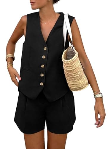 PRETTYGARDEN Women's 2 Piece Summer Matching Sets Button Front V Neck Vest Waistcoat Sleeveless Tops and Shorts with Pockets (Black,Medium) - Image 1