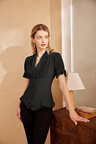 Black Dressy Blouse for Women Short Sleeve Button Down Shirt Summer Work Tops Black 3XL - Image 3