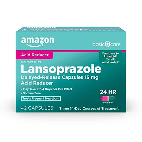 Amazon Basic Care Lansoprazole Delayed Release Capsules, 15 mg, Proton Pump Inhibitor, Acid Reducer, 24 Hour Heartburn Medicine, 42 Count Pack - Image 1