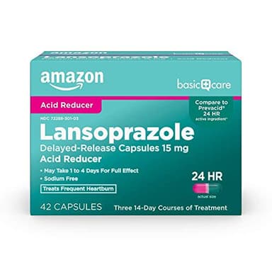 Amazon Basic Care Lansoprazole Delayed Release Capsules, 15 mg, Proton Pump Inhibitor, Acid Reducer, 24 Hour Heartburn Medicine, 42 Count Pack - Image 1