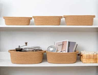 CubesLand Small Cotton Rope Storage Basket Set 5, Shelves Baskets for Organizing with Handle, Decorative Closet Storage Bins for Countertop Toilet Paper Basket for Toilet Tank Top,Brown Basket - Image 4