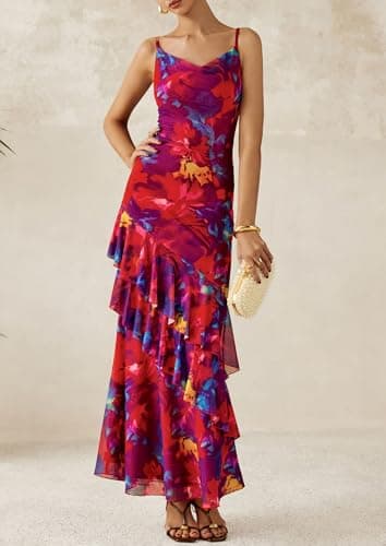 PRETTYGARDEN Maxi Dresses for Women 2025 Summer Tiered Floral Beach Sundress Spaghetti Strap Wedding Guest Long Dress (Navy Red Big Floral,Small) - Image 8