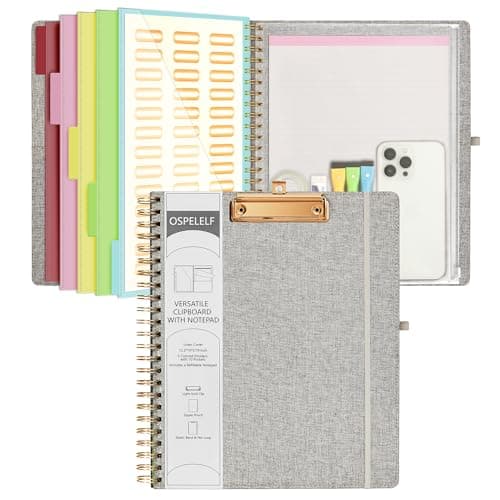 Ospelelf Foldable Spiral Clipboard Folio with Storage Zipper Pouch, 5 Plastic Folders with 10 Pockets,Refillable Lined Notepad (11" x 8.5"), Hardcover Project Organizer with 39 Stickers (Grey) - Image 1