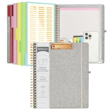 Ospelelf Foldable Spiral Clipboard Folio with Storage Zipper Pouch, 5 Plastic Folders with 10 Pockets,Refillable Lined Notepad (11" x 8.5"), Hardcover Project Organizer with 39 Stickers (Grey) - Image 1