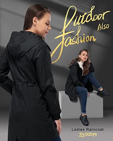 33,000ft Women's Waterproof Long Rain Coats Packable Rain Jacket with Hood Trench Coats Windbreaker - Image 5