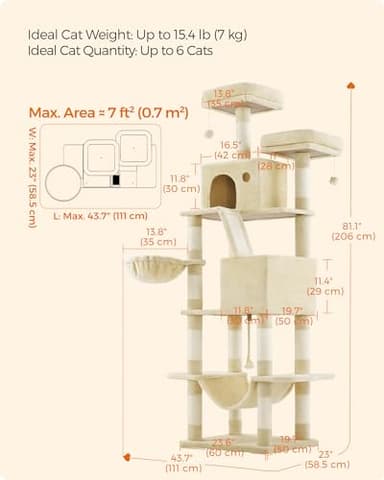 Feandrea Cat Tree, 81.1-Inch Large Cat Tower with 13 Scratching Posts, 2 Perches, 2 Caves, Basket, Hammock, Pompoms, Multi-Level Plush Cat Condo for Indoor Cats, Beige UPCT190M01 - Image 6