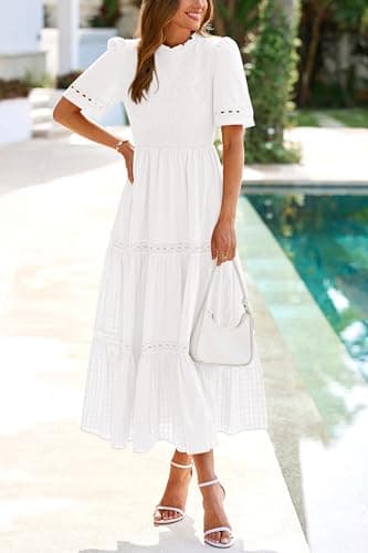 dowerme Summer Dresses for Women 2025 Casual Boho Hollow Out Short Sleeve Ruffle Mock Neck Smocked Maxi Gingham Sundress(White,Medium) - Image 3