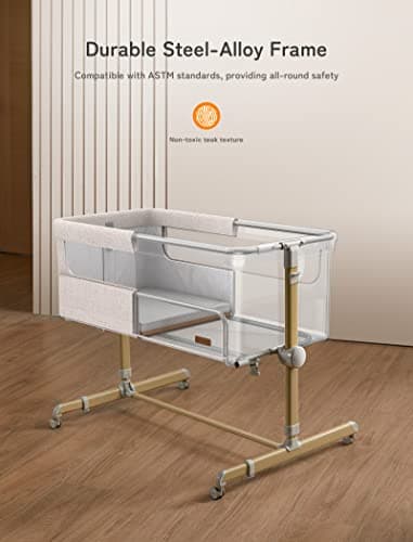 Baby Bassinet Bedside Sleeper, besrey Bedside Bassinet for Newborn Infant with Comfy Mattress, 9 Height Positions, Adjustable Bedside Crib with 360° Swivel Wheels Bassinet for Baby with Storage Basket - Image 8