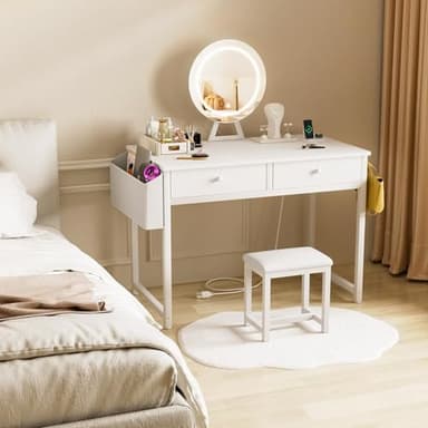 Makeup Vanity Desk with Mirror and Lights - Girls White Vanity Table Set with Chair, Fabric Drawers, Power Outlet, Small Modern Make Up Dressing Table for Bedroom - Image 2