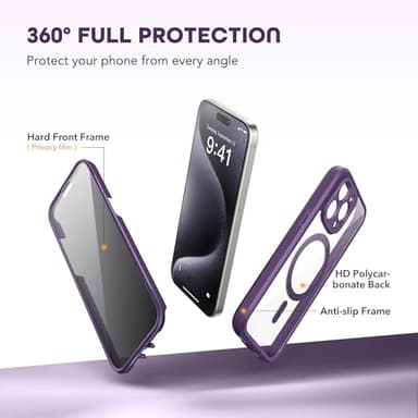 TIESZEN for iPhone 15 Pro Case, Compatible with MagSafe, Built-in Privacy Screen Protector and Camera Protection, Anti Spy Full Body Dustproof Shockproof Hard Phone Case 6.1", Light Purple - Image 5