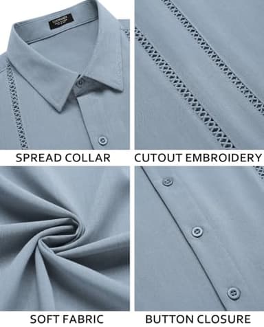 COOFANDY Button Down Shirts for Men Short-Sleeve Solid Linen Shirt Casual Summer Beach Shirt Blue - Image 5