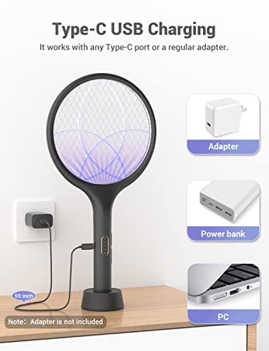 YISSVIC Electric Fly Swatter 4000V Bug Zapper Racket Dual Modes Mosquito Killer with Purple Mosquito Light Rechargeable for Indoor Home Office Backyard Patio Camping - Image 7