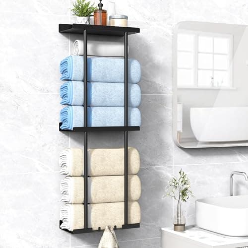 Towel Rack for Bathroom, Wall Mounted Vertical Rolled Towel Storage Organizer Holder with Shelf, Holds Up 6 Large Bath Sheets, Black Large Size - Image 1