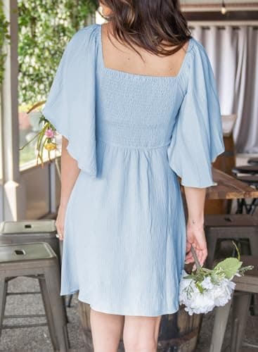 Dokotoo Cute Summer Dresses for Women 2025 Fashion Fall Outfits Wedding Guest Dresses for Women Sexy V-Neck Drawstring Cap Sleeve Elegant Solid Color Mini Dress Blue - Image 4