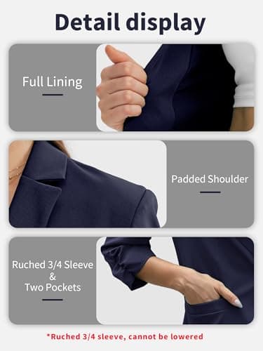 ELLEVEN Womens Blazer Business Casual Suit Jacket Slim Fit Fitted Ruched 3/4 Sleeve Petite Crop Blazer Dressy Full Lining Lightweight Outfits Coat Cardigan with Padded Shoulder Navy Blue X-Large - Image 5