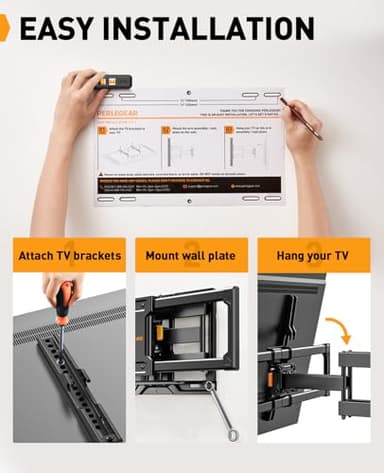 Perlegear Full Motion TV Wall Mount for Most 42–84 inch Flat Curved TVs up to 132 lbs, 12″/16″ Wood Studs, Bracket with Articulating Arms, Swivel, Tool-Free Tilt, Max VESA 600x400mm PGLF12 - Image 7
