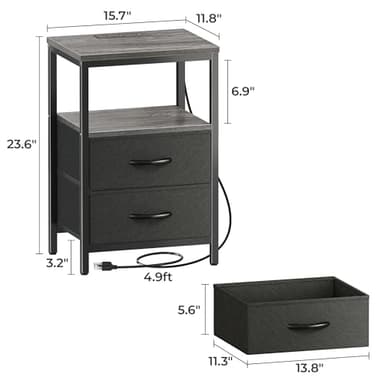 Huuger Nightstand with Charging Station, Side Table with Fabric Drawers, End Table with Open Shelf, Bedside Table with USB Ports and Outlets, Night Stand for Bedroom, Charcoal Gray - Image 7