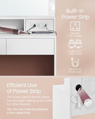 VASAGLE Vanity Desk with Power Outlets, Makeup Vanity with Mirror and Lights, with Upholstered Vanity Stool, 9 Dimmable LED Lights, 2 Compartments, 2 Drawers, for Bedroom, Cloud White URDT029W01 - Image 3